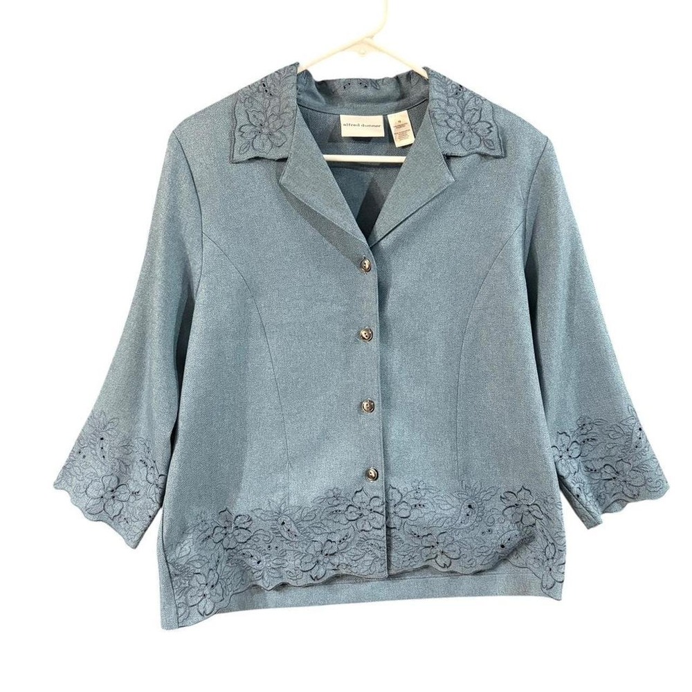 Alfred Dunner Womens Blue Herringbone Eyelet Floral Embroidered Jacket Size 10
